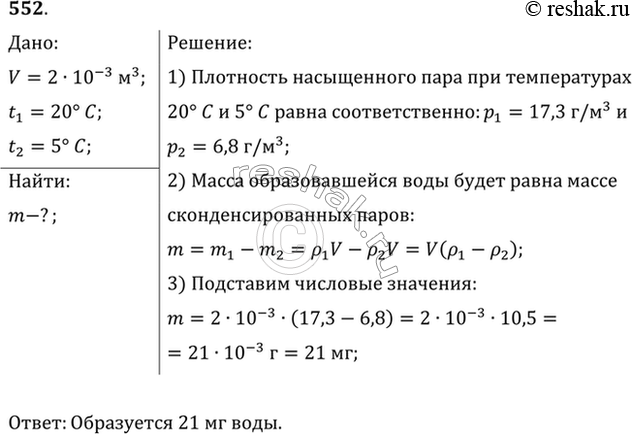 Изображение В закрытом сосуде вместимостью 2 л находится насыщенный водяной пар при 20 °С. Сколько воды образуется в сосуде при понижении температуры до 5...