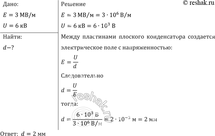 Изображение Плоский конденсатор подключен к источнику напряжением 6 кВ. При каком расстоянии между пластинами произойдет пробой, если ударная ионизация воздуха начинается при...